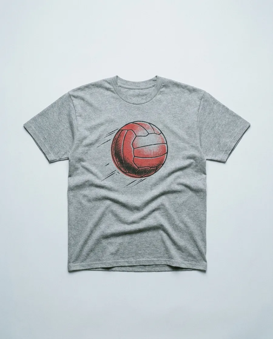 Grau meliertes Shirt mit rotem Lederball und Bewegungslinien im Retro-Stil