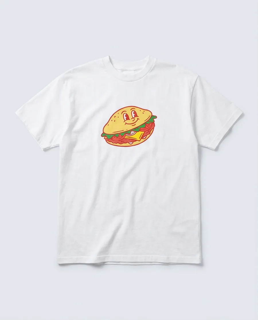 Weißes Shirt mit einem lächelnden Retro-Cartoon-Döner