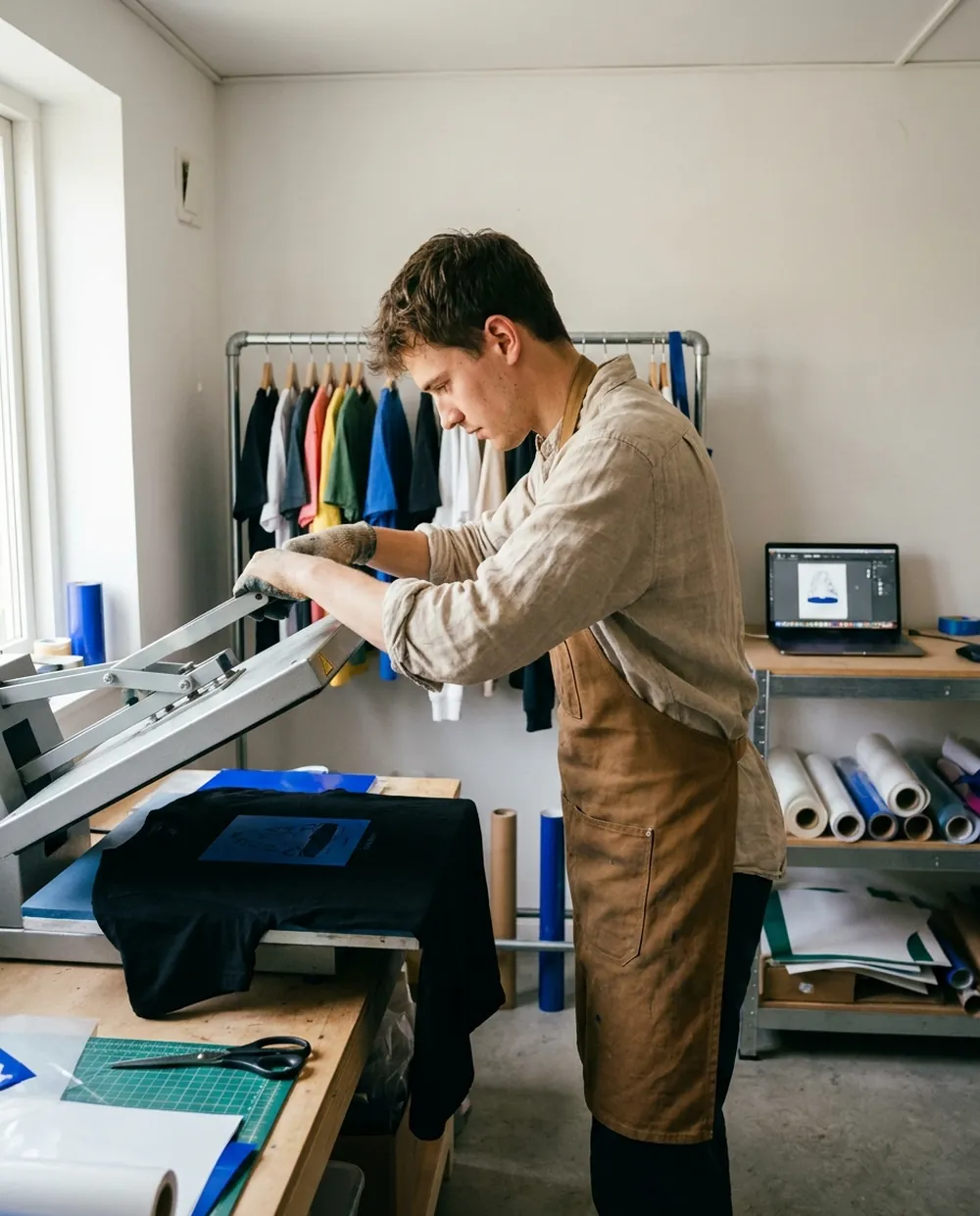 Drucker in der Werkstatt senkt die Heißpresse auf ein schwarzes Shirt mit blauem Motiv, im Hintergrund Transferfolie auf Rollen und eine Kleiderstange